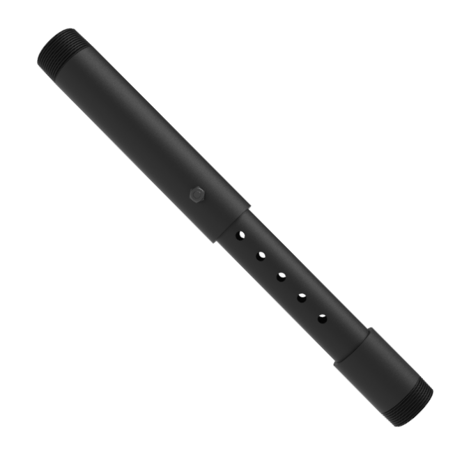 EXT-1218 telescoping extension pole, threaded 1-1/2 inch NPT end and a row of adjustment holes along the inner tube for setting the length from 12 to 18 inches