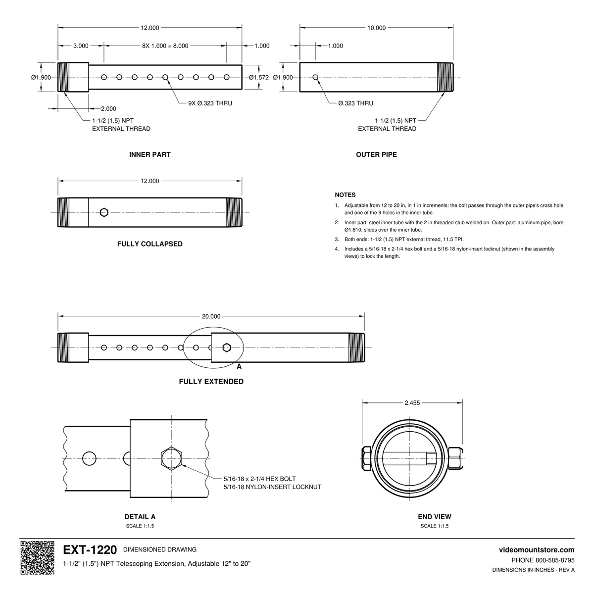 EXT-1220 telescoping extension dimensioned drawing: inner and outer parts, 12 inches collapsed to 20 inches extended in 1 inch steps, NPT threads both ends