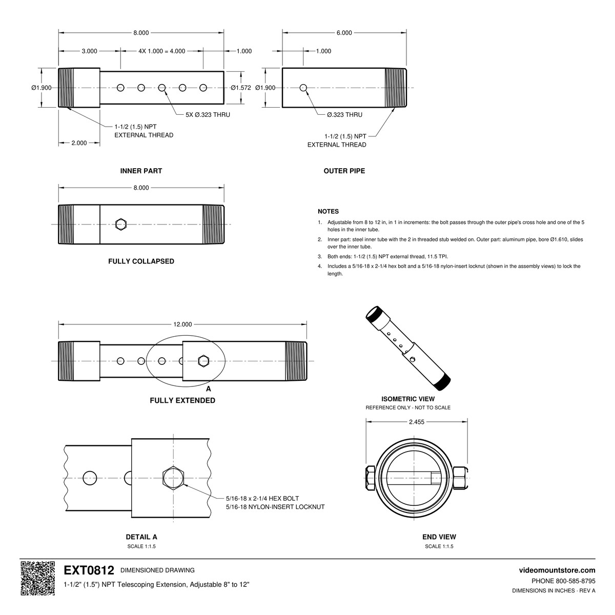 EXT0812 telescoping extension dimensioned drawing: inner and outer parts, 8 inches collapsed to 12 inches extended in 1 inch steps, NPT threads both ends
