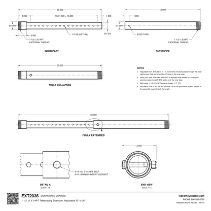 EXT2036 telescoping extension dimensioned drawing: inner and outer parts, 20 inches collapsed to 36 inches extended in 1 inch steps, NPT threads both ends