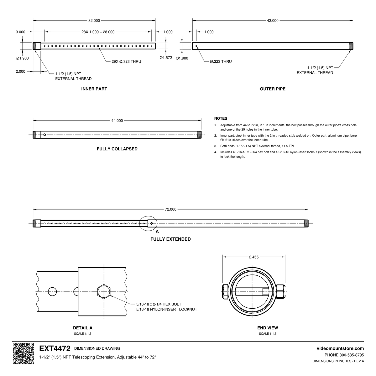 EXT4472 telescoping extension dimensioned drawing: inner and outer parts, 44 inches collapsed to 72 inches extended in 1 inch steps, NPT threads both ends