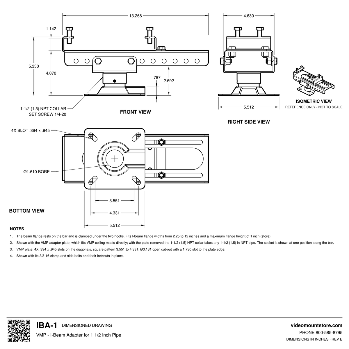 IBA-1 I-beam adapter dimensioned drawing: 13.268 inch bar with two flange hooks, VMP adapter plate 5.512 inches square with 4 slots, 5.330 inches overall height, fits flange widths 2.25 to 12 inches