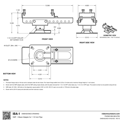 IBA-1 I-beam adapter dimensioned drawing: 13.268 inch bar with two flange hooks, VMP adapter plate 5.512 inches square with 4 slots, 5.330 inches overall height, fits flange widths 2.25 to 12 inches