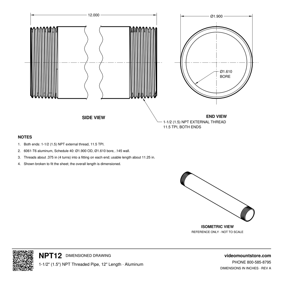 NPT12 dimensioned drawing: 1-1/2 (1.5) inch NPT pipe, 12 inches long, threaded both ends, 1.900 inch outside diameter, 1.610 inch bore