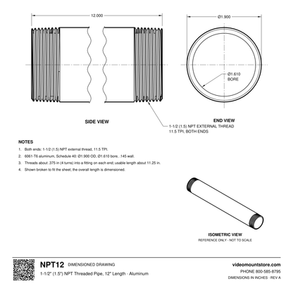 NPT12 dimensioned drawing: 1-1/2 (1.5) inch NPT pipe, 12 inches long, threaded both ends, 1.900 inch outside diameter, 1.610 inch bore