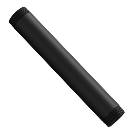 1-1/2 inch NPT black aluminum pipe, 12 inches long, threaded at both ends, set diagonally across the frame with the open bore toward the viewer.