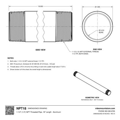 NPT18 dimensioned drawing: 1-1/2 (1.5) inch NPT pipe, 18 inches long, threaded both ends, 1.900 inch outside diameter, 1.610 inch bore