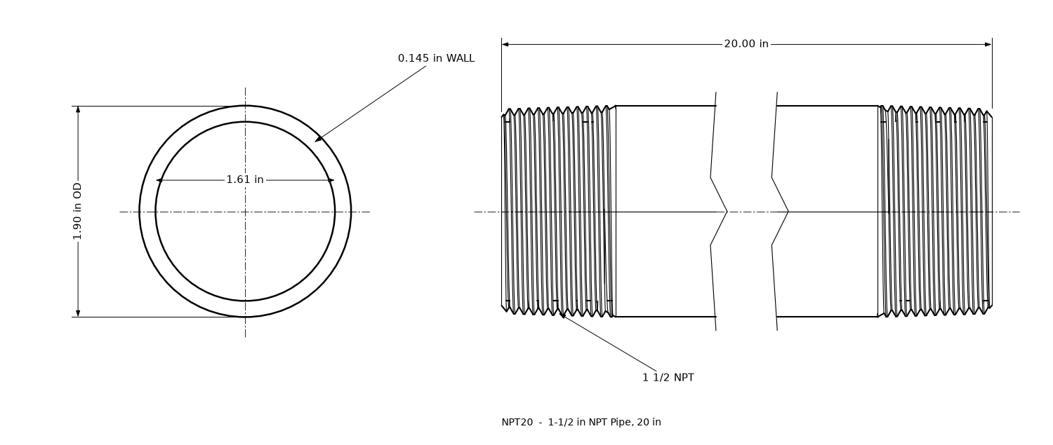Dimensioned drawing of the 1-1/2 inch NPT pipe, 20 inches long: threaded side view and end view marked 1.90 in outside diameter and 1.61 in bore.