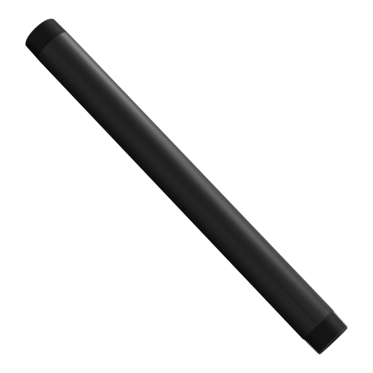 1-1/2 inch NPT black aluminum pipe, 20 inches long, threaded at both ends, set diagonally across the frame with the open bore toward the viewer.