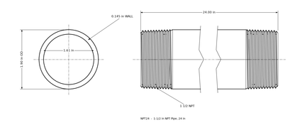 Dimensioned drawing of the 1-1/2 inch NPT pipe, 24 inches long: threaded side view and end view marked 1.90 in outside diameter and 1.61 in bore.