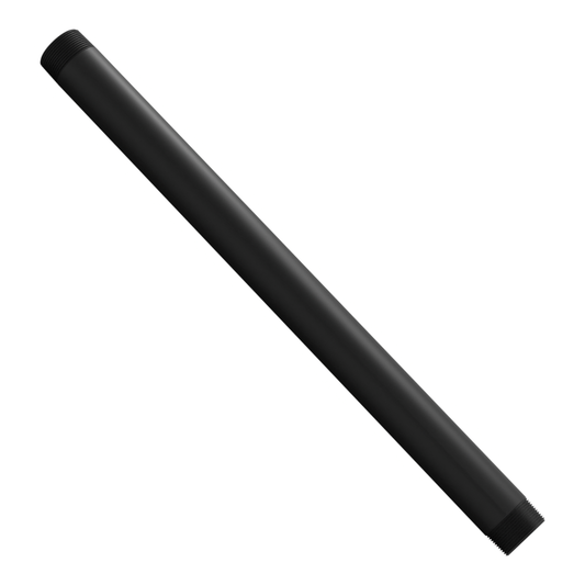 1-1/2 inch NPT black aluminum pipe, 24 inches long, threaded at both ends, set diagonally across the frame with the open bore toward the viewer.