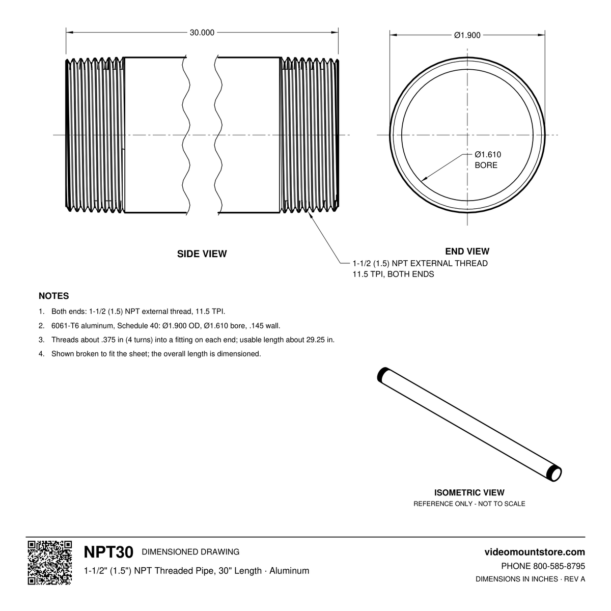 NPT30 dimensioned drawing: 1-1/2 (1.5) inch NPT pipe, 30 inches long, threaded both ends, 1.900 inch outside diameter, 1.610 inch bore