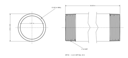 Dimensioned drawing of the 1-1/2 inch NPT pipe, 30 inches long: threaded side view and end view marked 1.90 in outside diameter and 1.61 in bore.