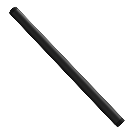 1-1/2 inch NPT black aluminum pipe, 30 inches long, threaded at both ends, set diagonally across the frame with the open bore toward the viewer.