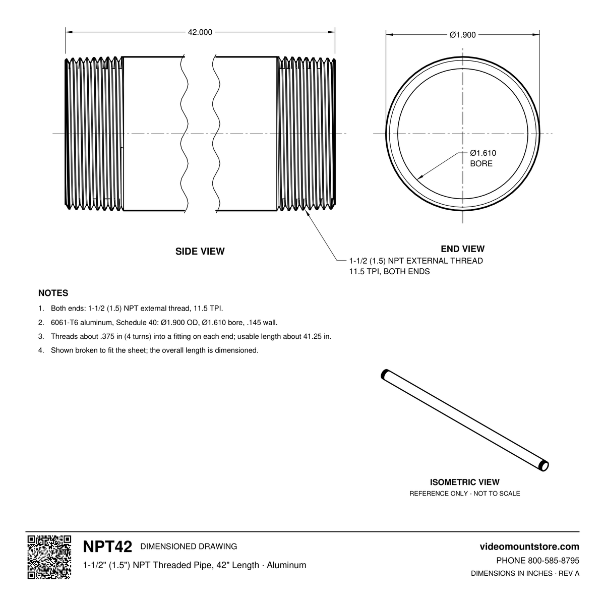 NPT42 dimensioned drawing: 1-1/2 (1.5) inch NPT pipe, 42 inches long, threaded both ends, 1.900 inch outside diameter, 1.610 inch bore
