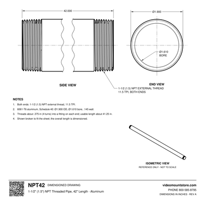 NPT42 dimensioned drawing: 1-1/2 (1.5) inch NPT pipe, 42 inches long, threaded both ends, 1.900 inch outside diameter, 1.610 inch bore