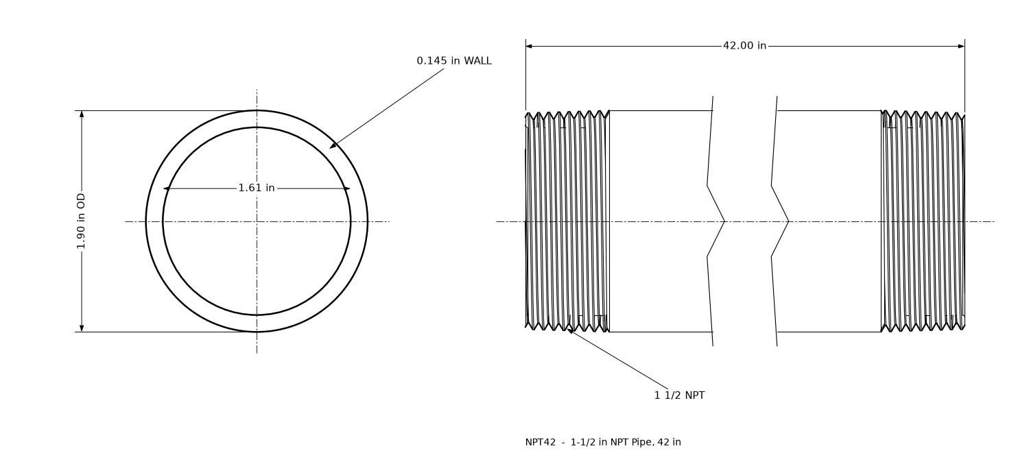 Dimensioned drawing of the 1-1/2 inch NPT pipe, 42 inches long: threaded side view and end view marked 1.90 in outside diameter and 1.61 in bore.