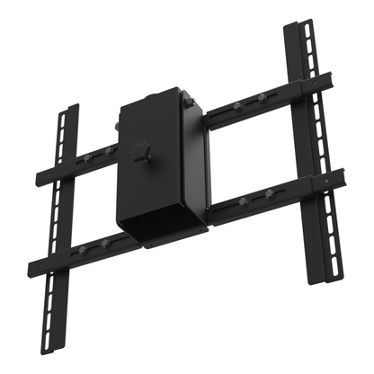 PDS-LCHB large TV ceiling mount head seen from below at the installed viewing angle, showing the underside of the tilt box, the lock knob and the adapter frame.