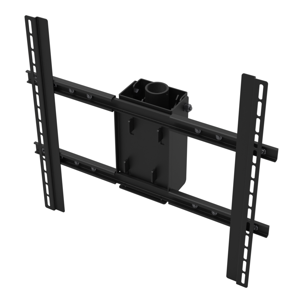 PDS-LCHB large TV ceiling mount head from the screen side, showing the four hooks the TV hangs on, the adapter frame and the pipe socket above.