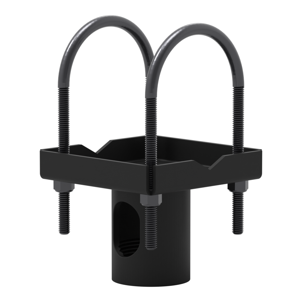 Truss ceiling adapter without the VMP adapter plate, at eye level, showing both U-bolts, the steel pan and the open pipe socket beneath.