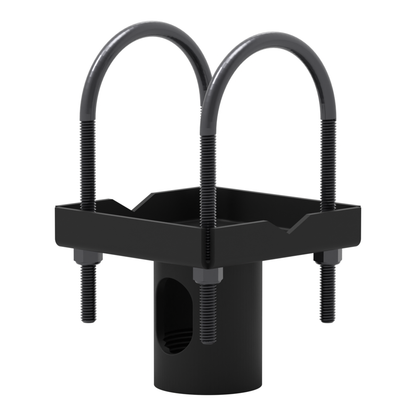 Truss ceiling adapter without the VMP adapter plate, at eye level, showing both U-bolts, the steel pan and the open pipe socket beneath.