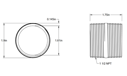 112-NPT-PIPE-Close dimensioned drawing: 1.75 inch length, 1.9 inch outer and 1.61 inch inner diameter, 0.145 inch wall, 1-1/2 NPT thread