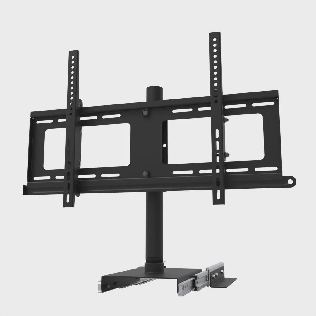 Slide-out swivel TV mount swivelling the screen 75 degrees each way about the pipe, a 150 degree sweep, with the shelf-mounted slide held still.