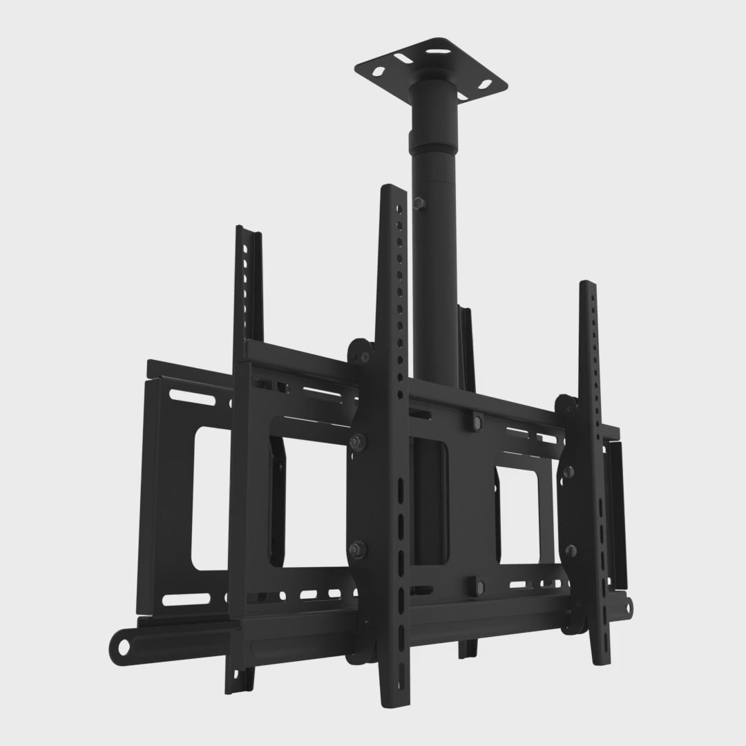 33CE028 back-to-back TV ceiling mount with both heads tilting from flat to 10 degrees and back.