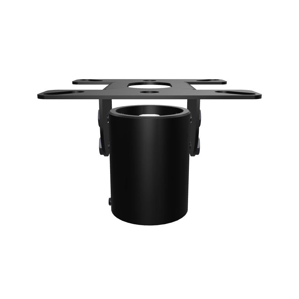11AC005 angled ceiling adapter for 1-1/2 inch pipe, interactive 3D model showing the slotted mounting flange and the tilting pipe socket beneath it.