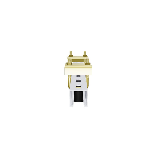 11BC001 beam clamp for 1-1/2 inch pipe, interactive 3D model of the strut channel with two beam clamps at the top and the pipe socket hanging below.