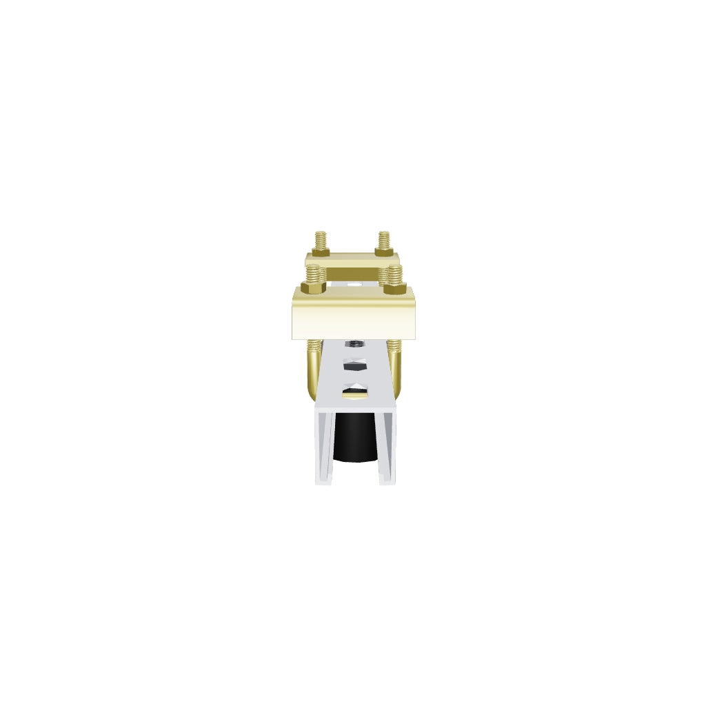 11BC001 beam clamp for 1-1/2 inch pipe, interactive 3D model of the strut channel with two beam clamps at the top and the pipe socket hanging below.