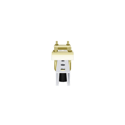 11BC001 beam clamp for 1-1/2 inch pipe, interactive 3D model of the strut channel with two beam clamps at the top and the pipe socket hanging below.