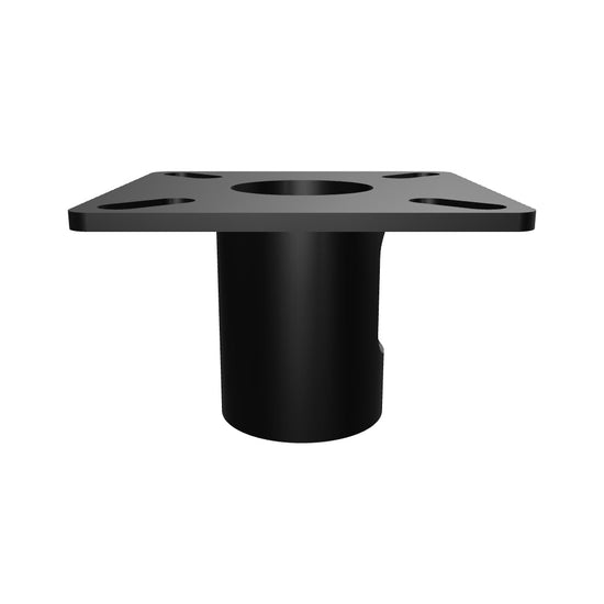 11CP001 ceiling plate for 1-1/2 inch pipe, interactive 3D model showing the square mounting plate, the threaded pipe socket, its access window and set screw.