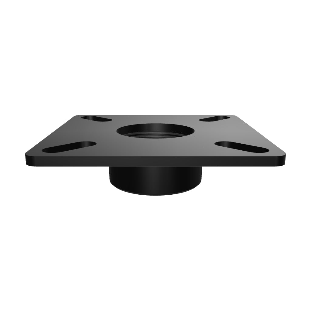 11CP002 ceiling plate with threaded collar for 1-1/2 inch pipe, interactive 3D model showing the square plate and the collar's internal thread and set screw.