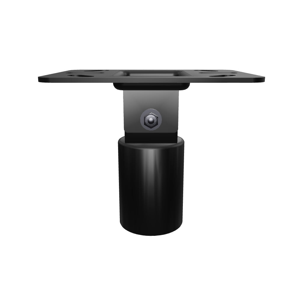 11CP006 pivoting angled ceiling plate for 1-1/2 inch pipe, interactive 3D model showing the slotted plate, the pivot bracket and the pipe socket below.