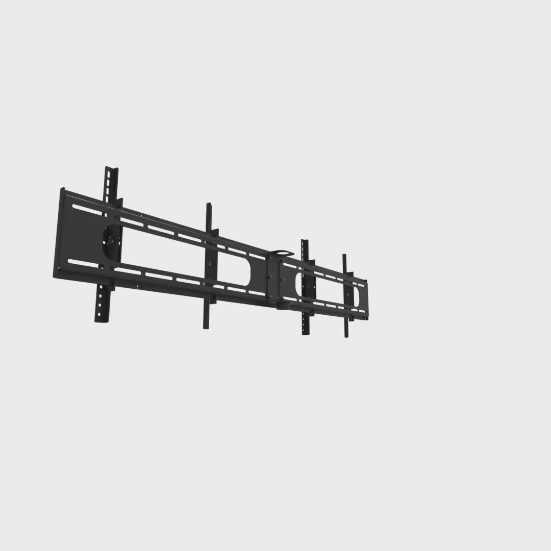 33DW004 double-wide TV ceiling mount head turning a full circle, showing the 68 in bar, all four tilt rails and the NPT pipe adapter.