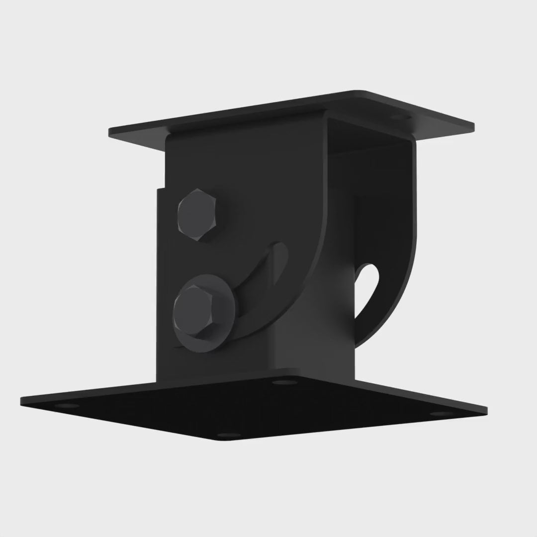 Cathedral ceiling adapter rotating 360 degrees, showing the ceiling baseplate, the curved adjustment slot, both M12 bolts and the 1-1/2 inch pipe socket.
