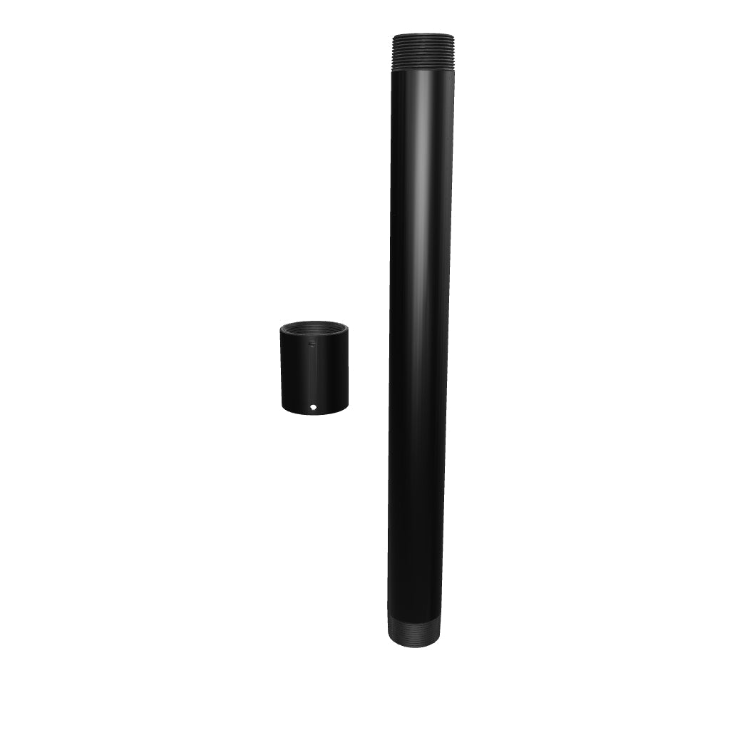 Ceiling mount extension kit, adds 20 inches, interactive 3D model showing the 1-1/2 inch pipe and its 11AC001 coupler as shipped together.