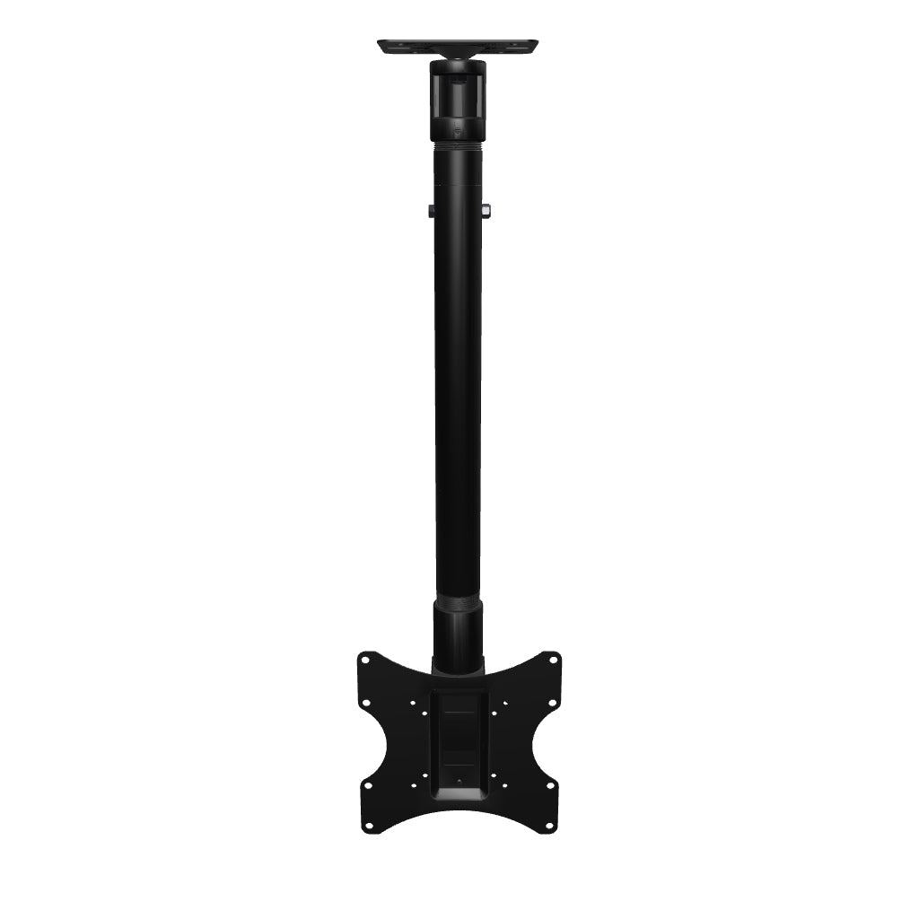 22CE006 tilting TV ceiling mount for up to 42 inch screens, interactive 3D model of the assembled head, adjustable mast and flat ceiling plate at its shortest.