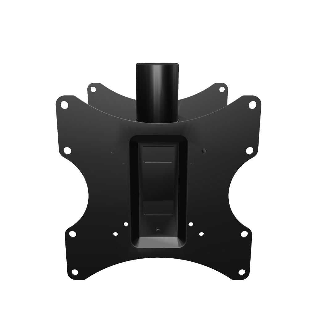 22HE021 back to back TV ceiling mount head, two 200 x 200 VESA plates sharing one 1-1/2 inch pipe socket; rotate the 3D model to see both screen sides.