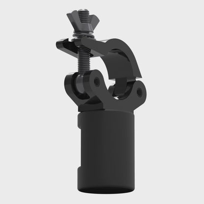 Truss clamp for 2 inch truss rotating 360 degrees, showing both jaw halves, the wing nut tensioner and the 1-1/2 inch pipe socket from every side.