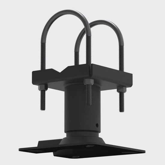 Truss ceiling adapter rotating 360 degrees, showing both U-bolts, the steel pan, the pipe socket and the square VMP adapter plate from every side.