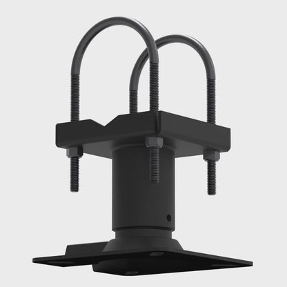 Truss ceiling adapter rotating 360 degrees, showing both U-bolts, the steel pan, the pipe socket and the square VMP adapter plate from every side.