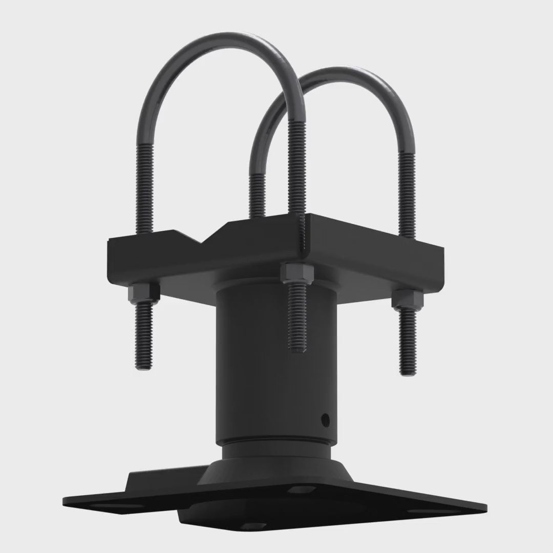 Truss ceiling adapter rotating 360 degrees, showing both U-bolts, the steel pan, the pipe socket and the square VMP adapter plate from every side.