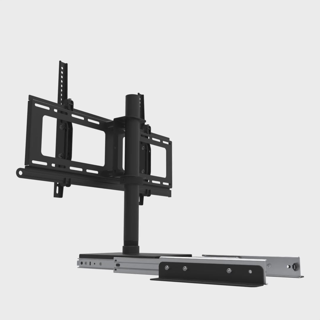 Slide-out swivel TV mount sliding out over the counter edge on its two-stage ball-bearing slide and back in again, with the base rails fixed to the shelf.