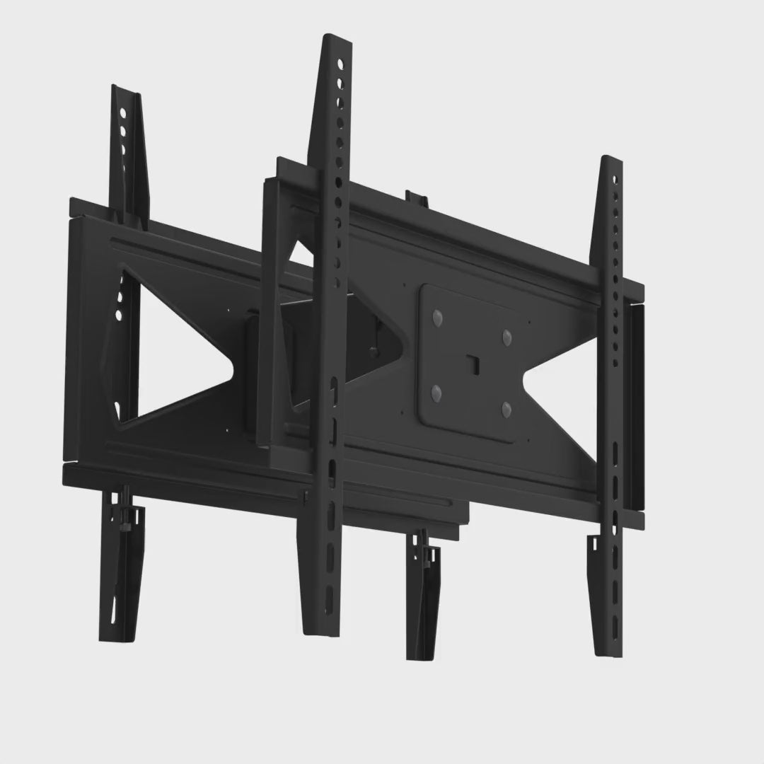 33HE021 back-to-back TV mount head rotating 360 degrees, showing the pipe socket and both outward-facing screen plates and rails.