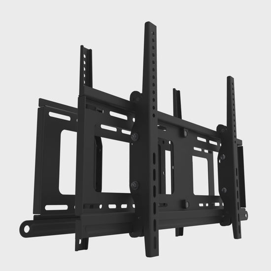 Two back-to-back twin-rail TV heads tilting together from flat to 10 degrees and back.