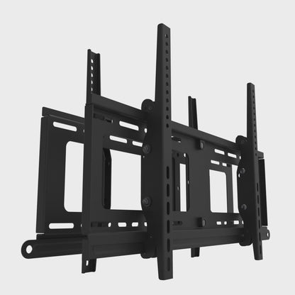 Two back-to-back twin-rail TV heads tilting together from flat to 10 degrees and back.