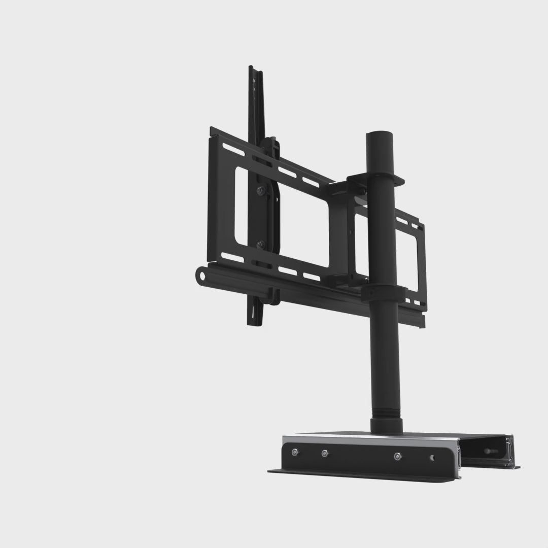 Slide-out swivel TV mount running the whole sequence from stowed: sliding out over the counter edge, swivelling 75 degrees each way about the pipe and sliding back in, with the base rails fixed to the shelf.
