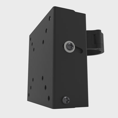 Small TV truss mount tilting from level down to 15 degrees, back up through level to 5 degrees, and returning level, while the pipe clamp stays fixed.